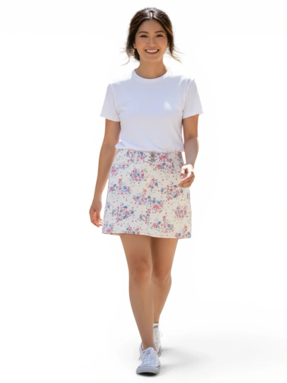 LOFT White Mini Skirt W/Pink Blue Floral Print 5 Pocket 3 Buttons Zipper 8P